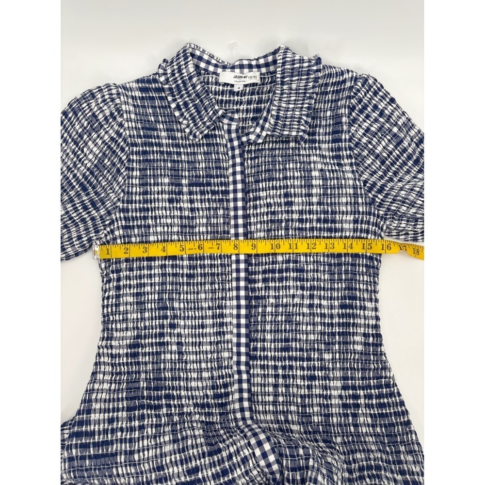 B35 Jason Wu Smocked Gingham Mini Dress 4 Navy White Collar Cotton Dinner Party - Picture 10 of 11